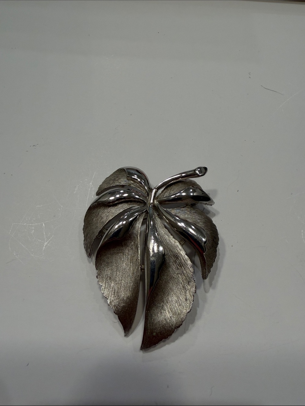 Vintage Trifari Silver Tone Leaf Brooch Textured Statement Pin